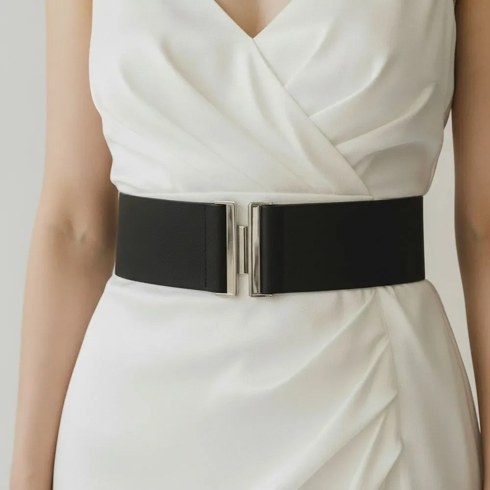 BUNDLE Black & Red Elastic Waist Chic Belt with Silver Buckle One Size